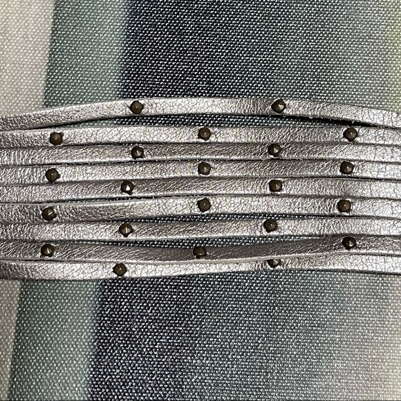 Soft Silver Leather Bracelet w/ Tiny Brass Metal Studs - Picture 2 of 6